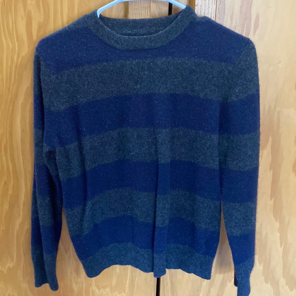 blue and gray striped sweater